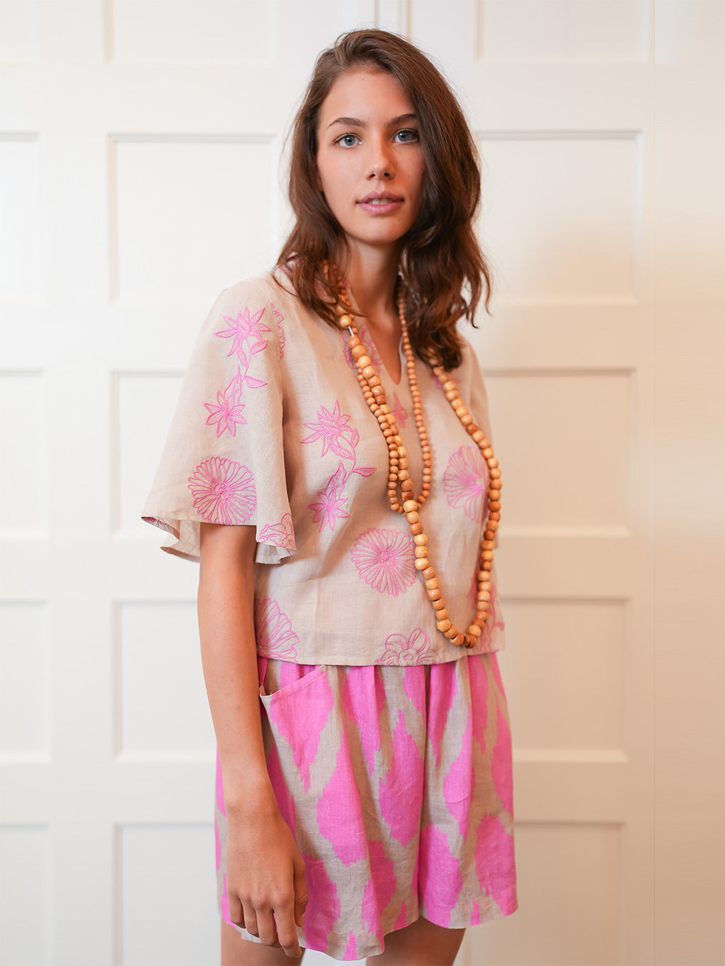 Orris Blouse Pink Flower on Beige