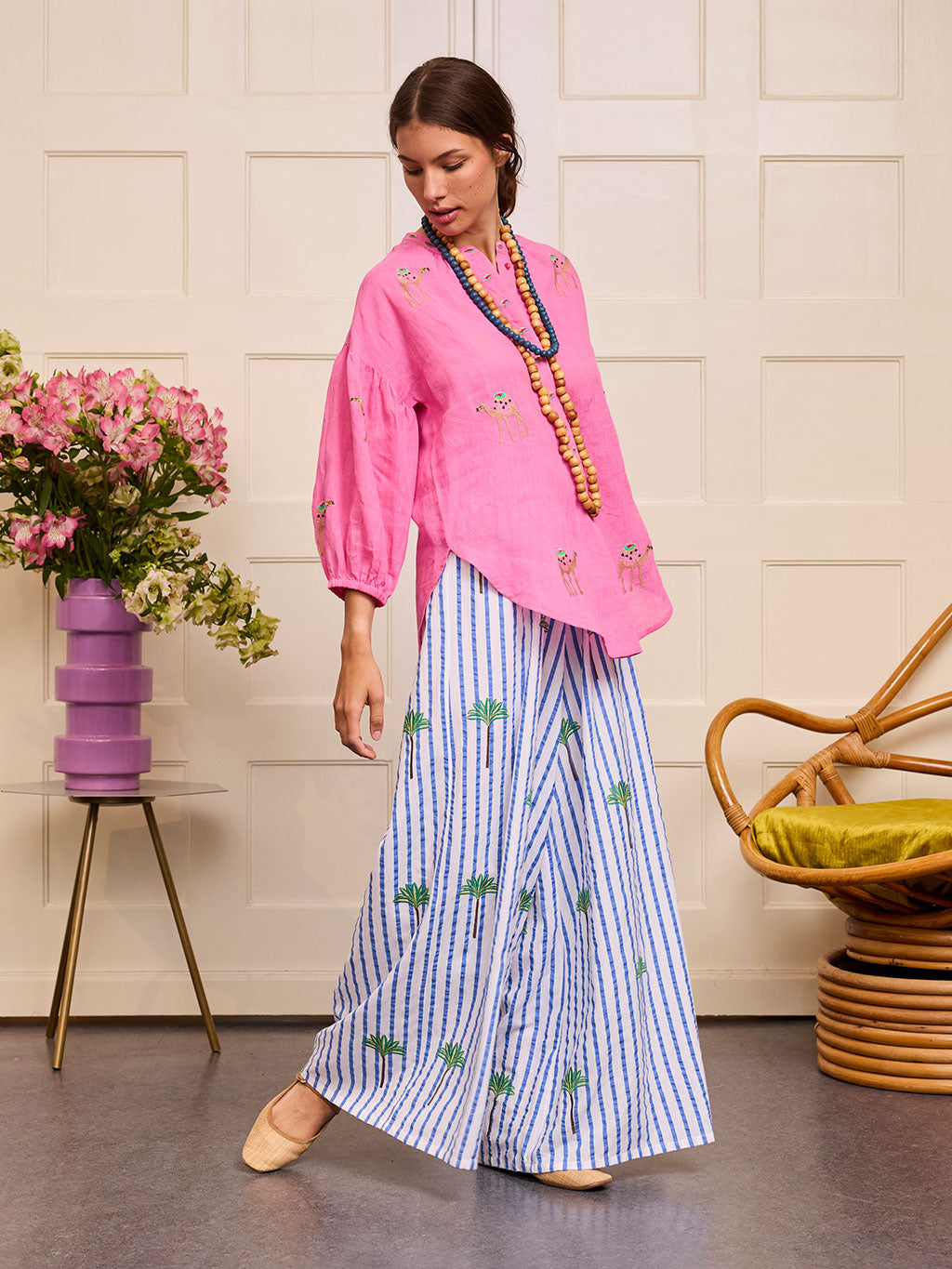 Majoran Pants Palm on Blue Stripes