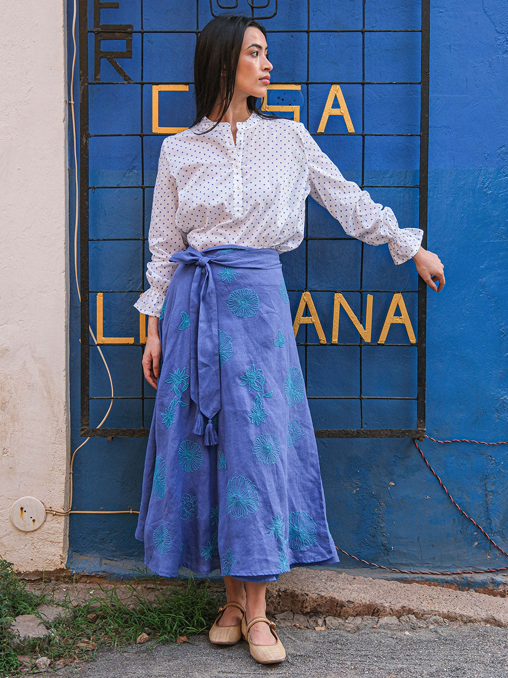 Broom Blouse Blue Dots on White
