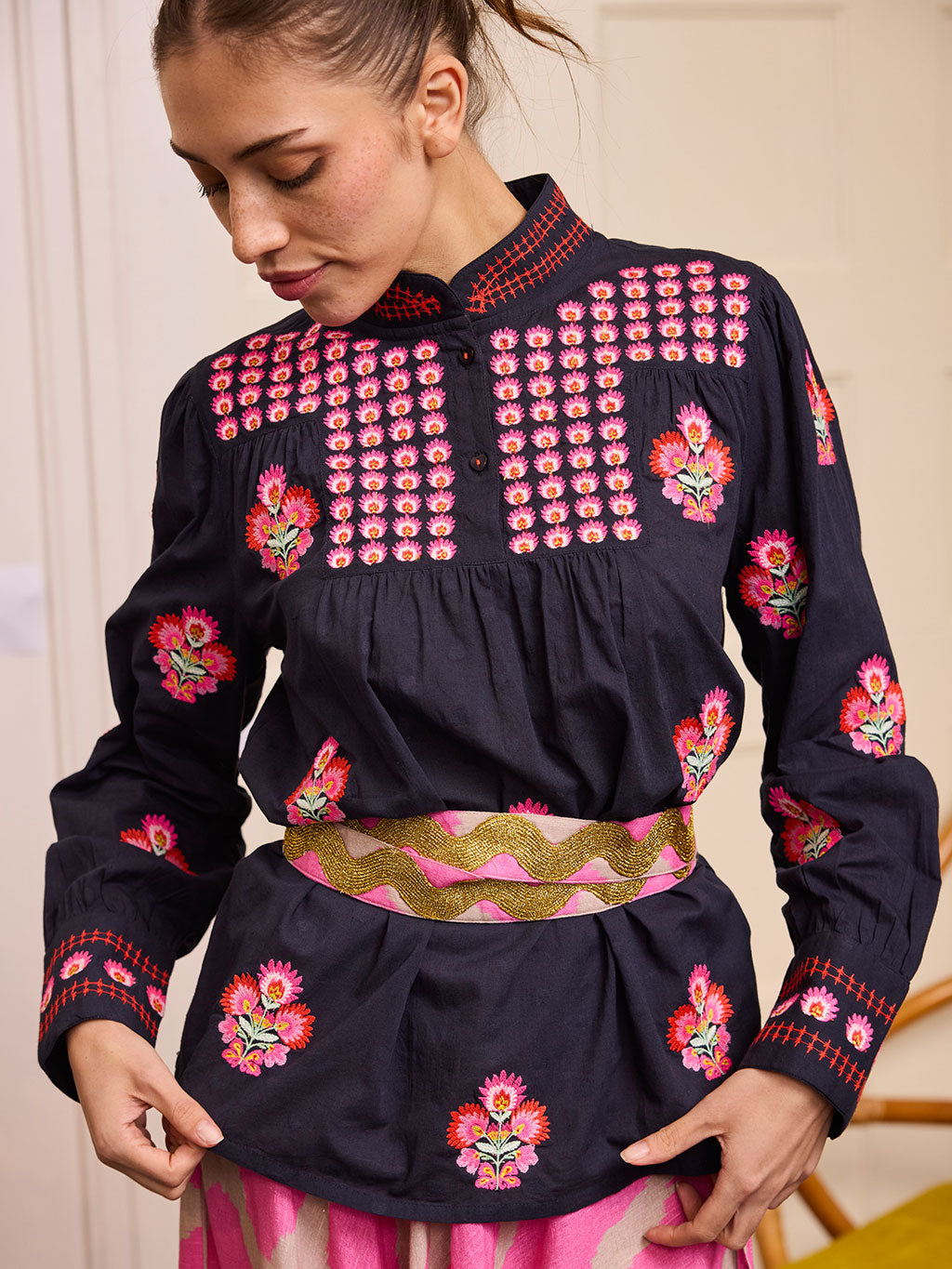Juniper Berry Blouse Flower Bunch on Navy Jacquard