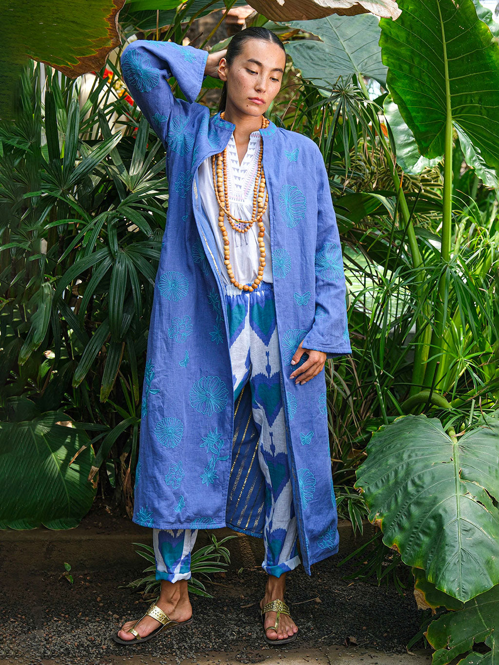 Chili Pepper Coat Petrol Flowers on Blue