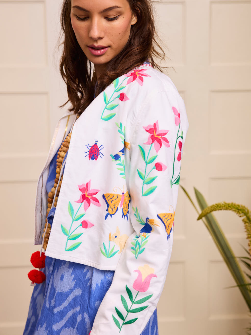 Pine Jacket Mexican Embroidery on White