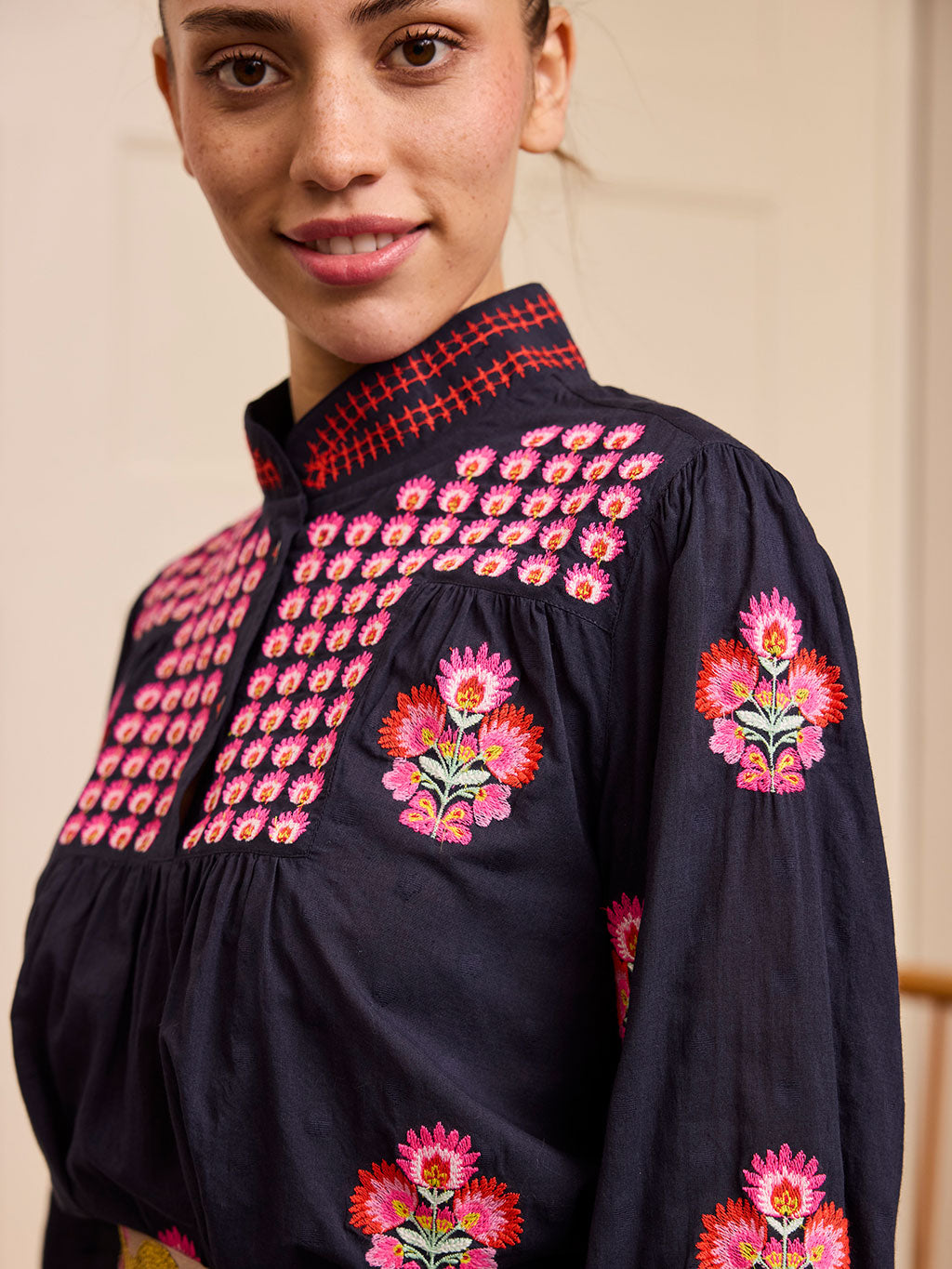 Juniper Berry Blouse Flower Bunch on Navy Jacquard