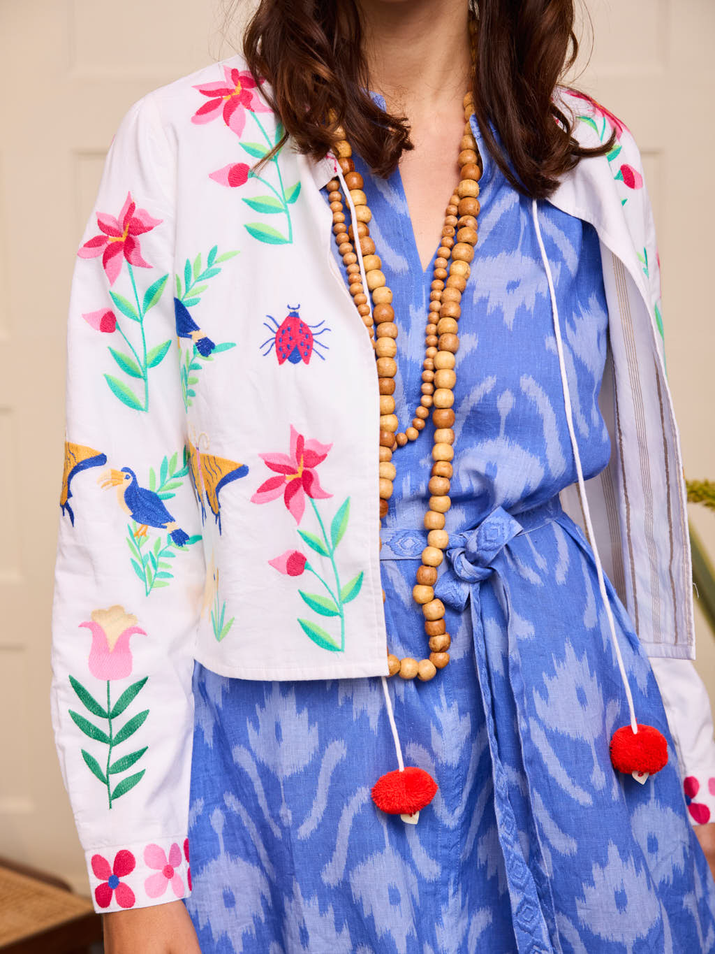Pine Jacket Mexican Embroidery on White