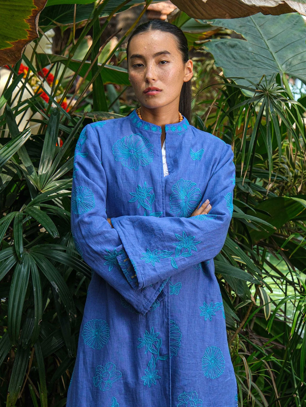 Chili Pepper Coat Petrol Flowers on Blue