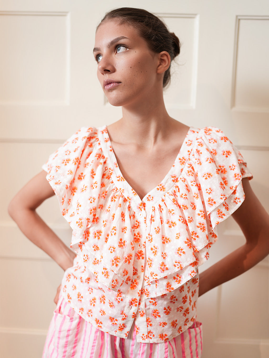 Sweet Pea Blouse Orange Pansies on White