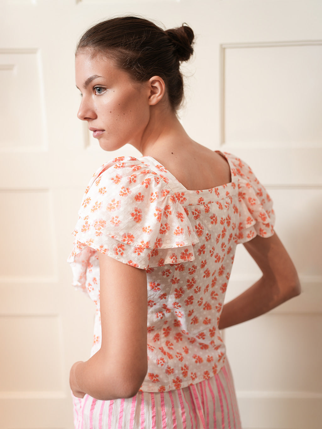 Sweet Pea Blouse Orange Pansies on White
