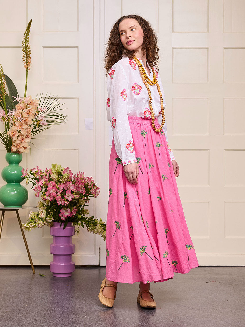 Vanilla Skirt Palm on Pink Lurex Stripe