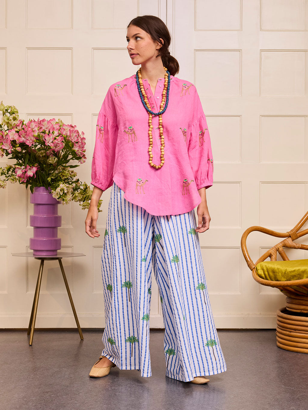 Majoran Pants Palm on Blue Stripes