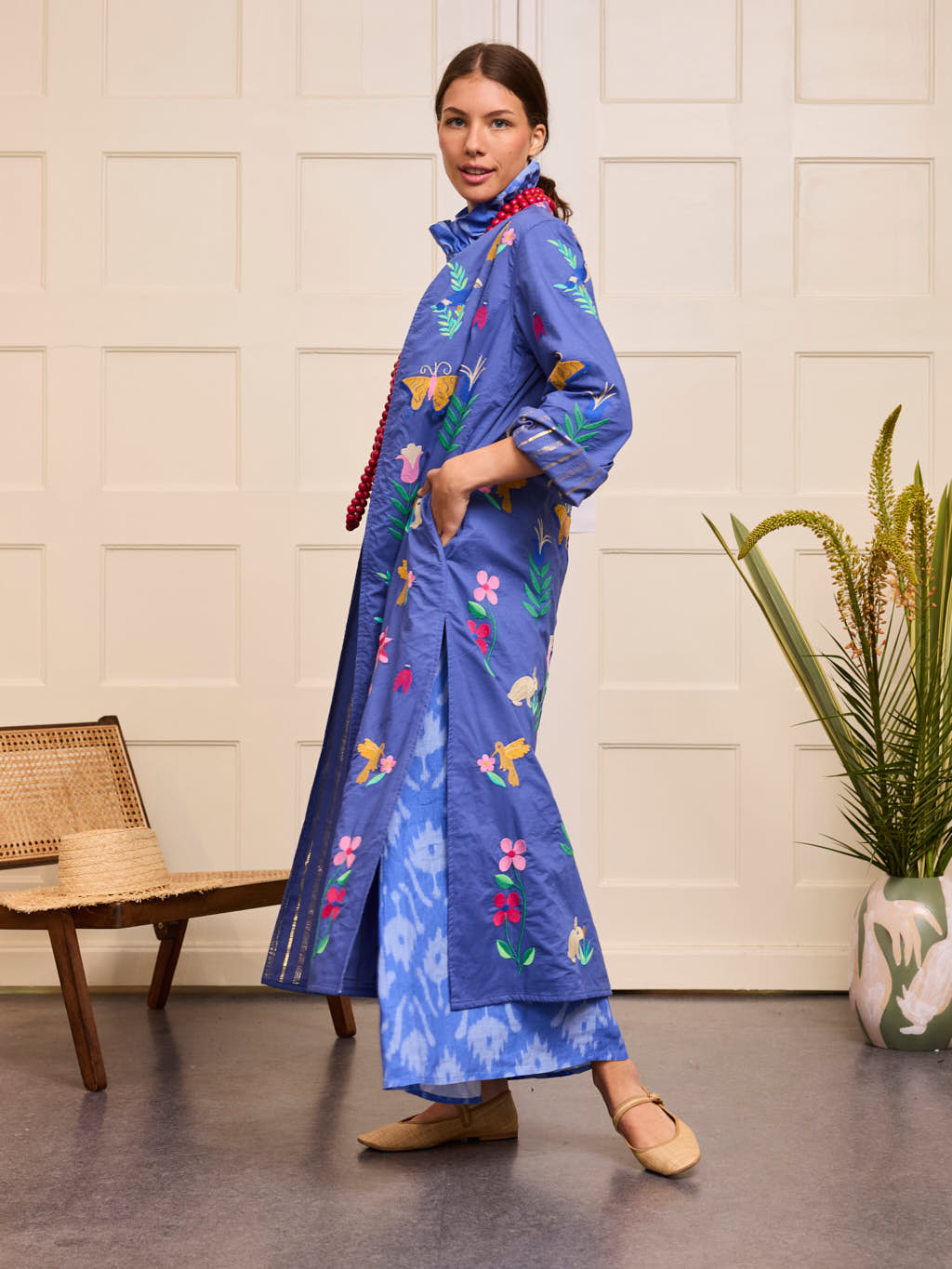 Chili Pepper Coat Mexican Embroidery on Blue
