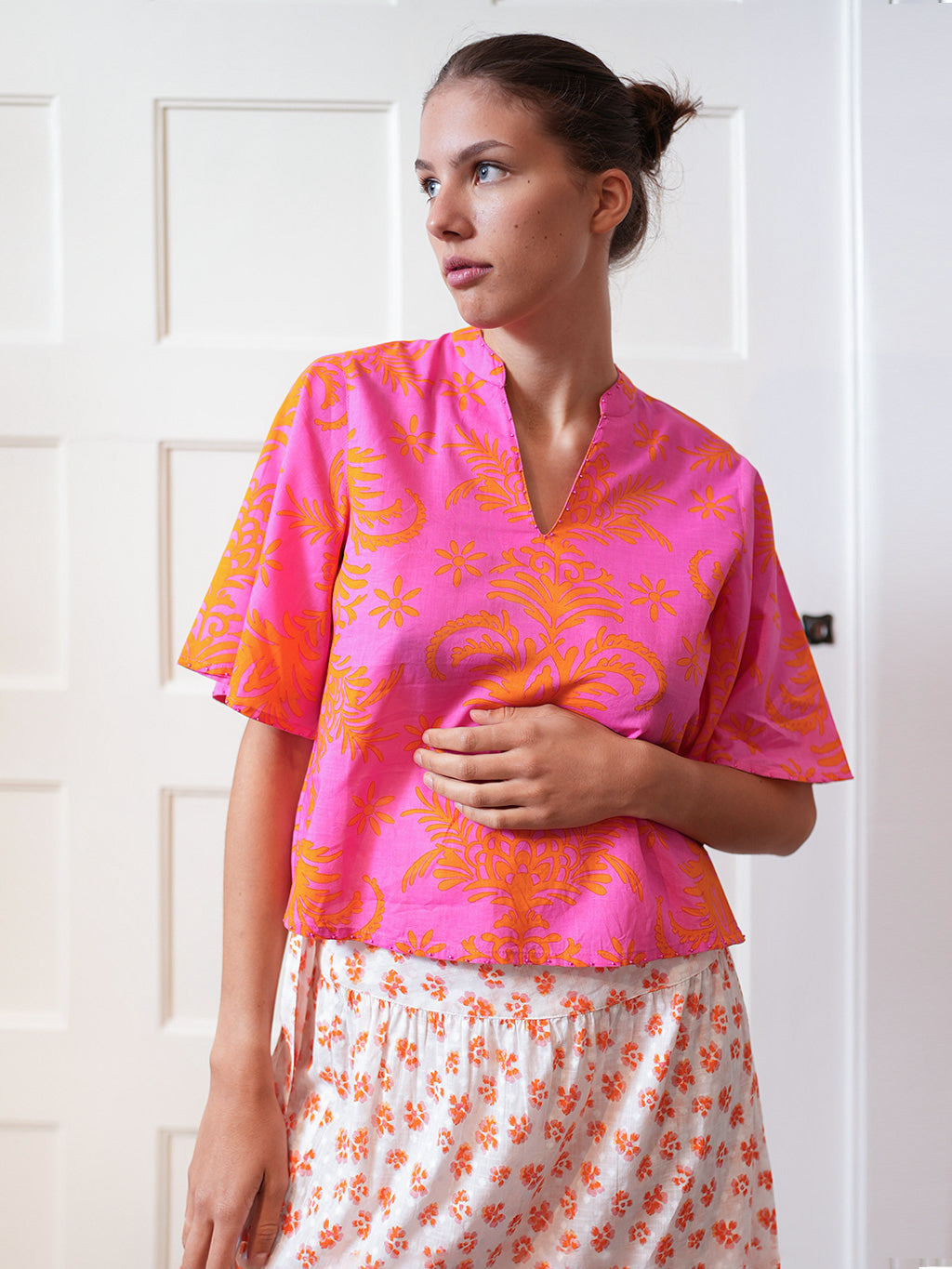 Orris Blouse Pink Palm Print