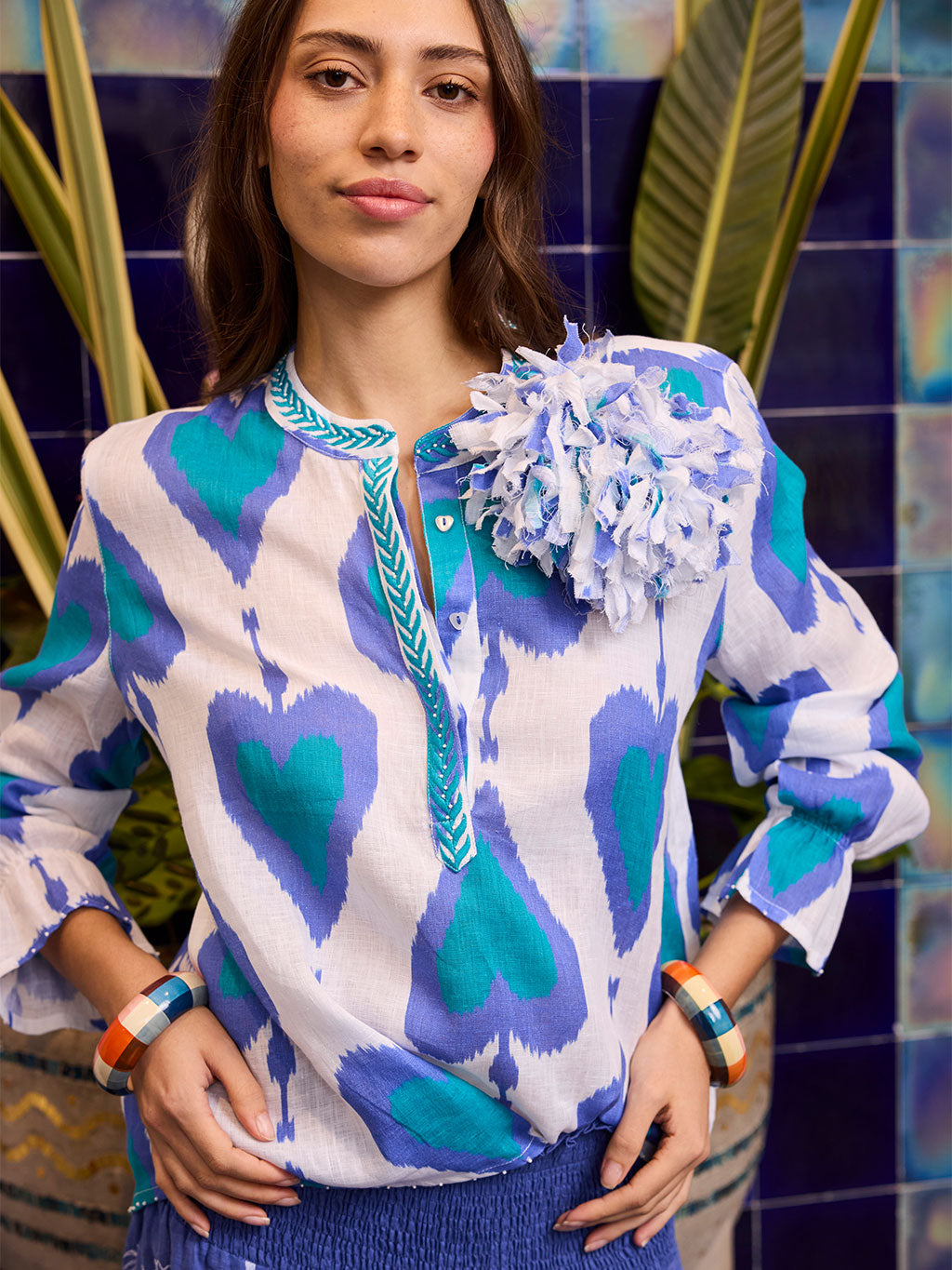 Flower Brooch Ikat Petrol