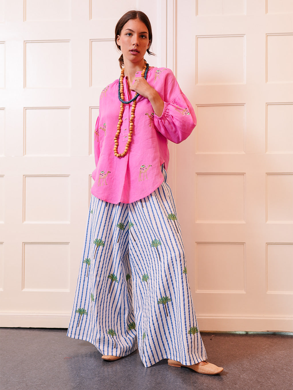 Majoran Pants Palm on Blue Stripes