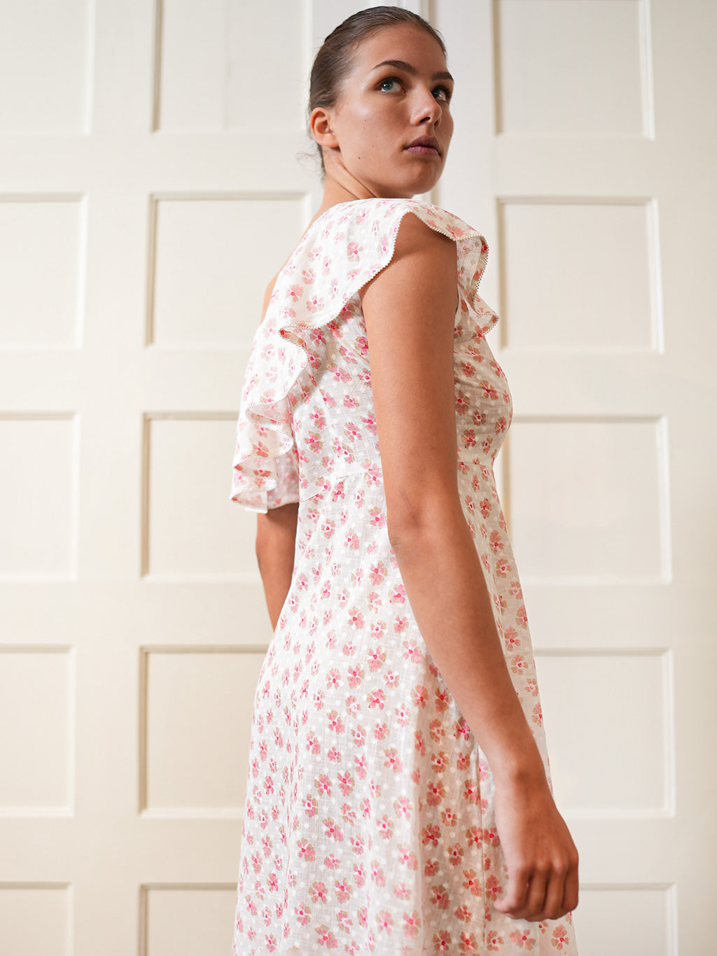 Plumeria Dress Blush Pansies on White