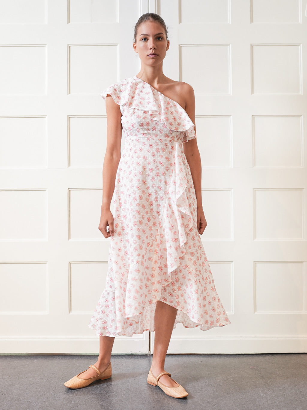 Plumeria Dress Blush Pansies on White