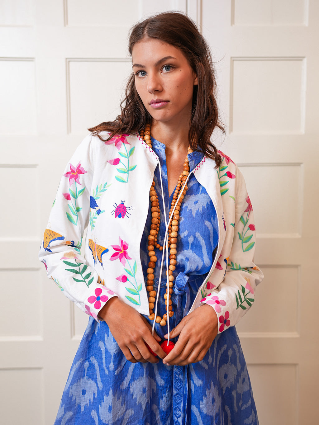 Pine Jacket Mexican Embroidery on White