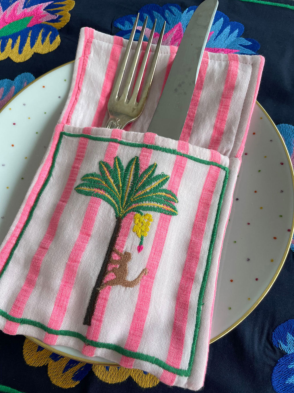 Cutlery Pocket Palm on Pink Stripes