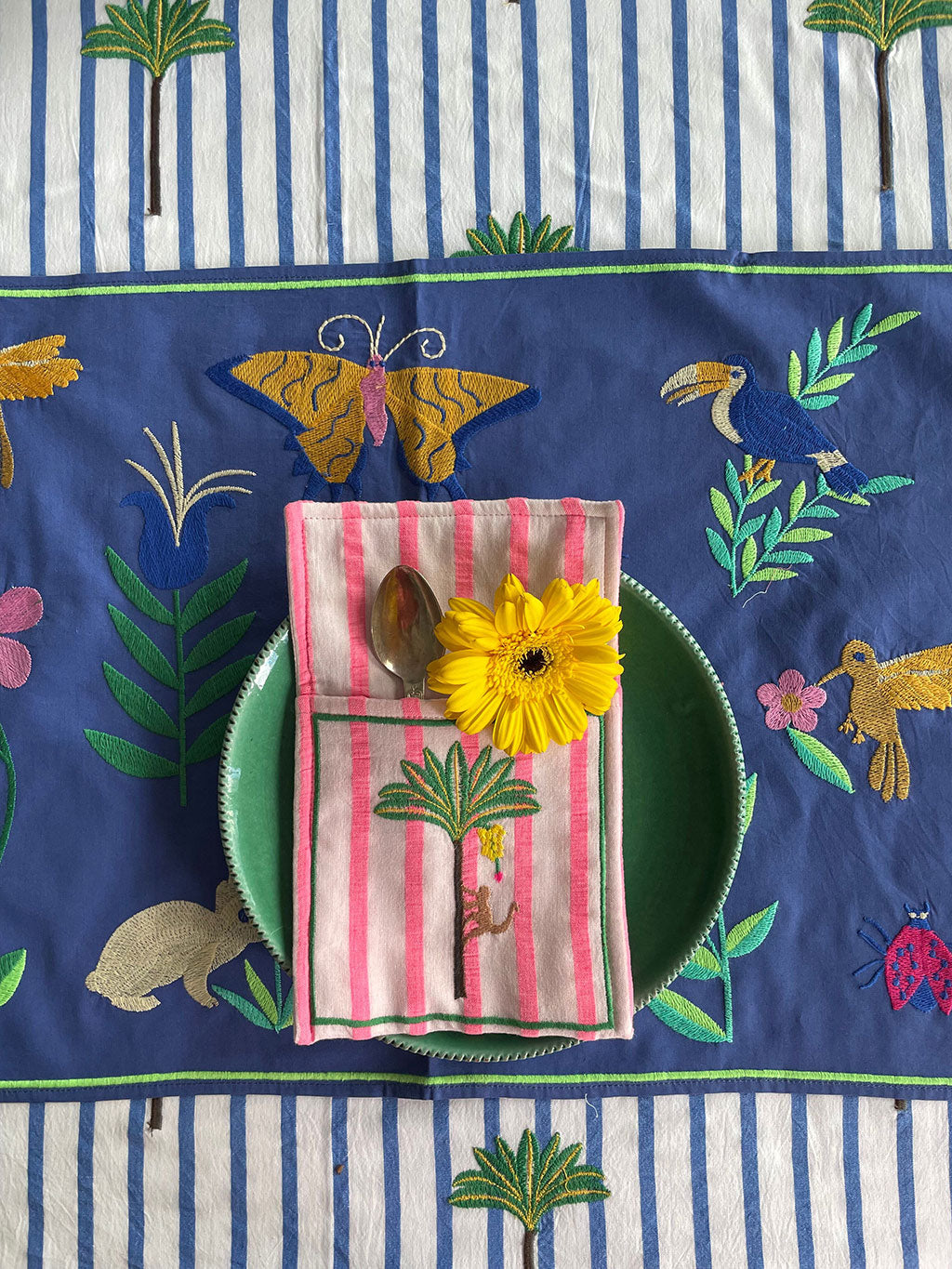 Cutlery Pocket Palm on Pink Stripes