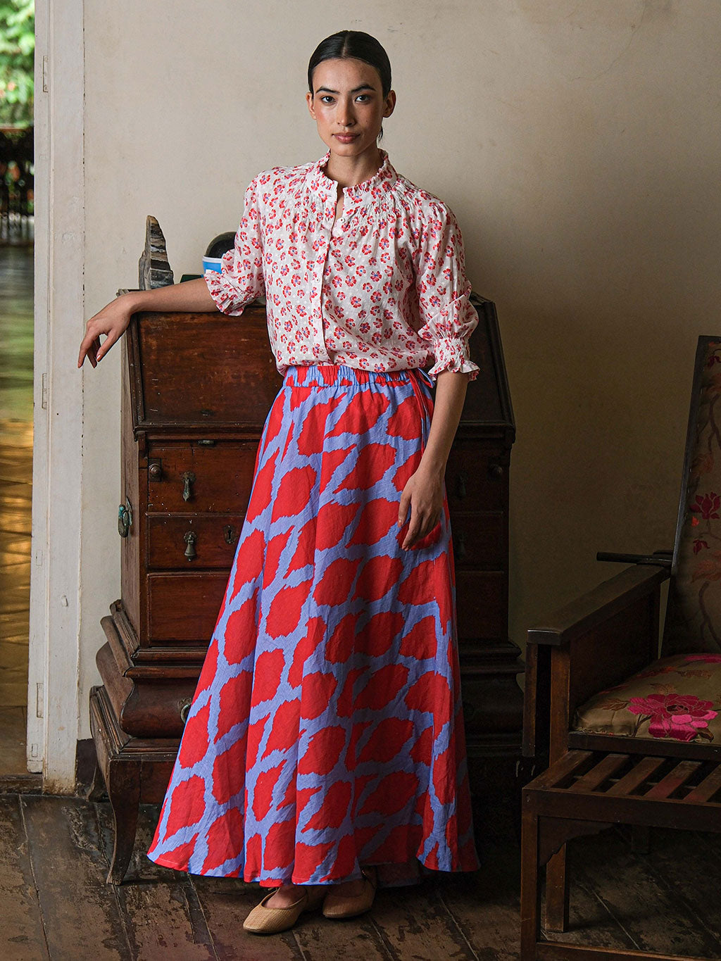 Bergamot Blouse Red Pansies on White