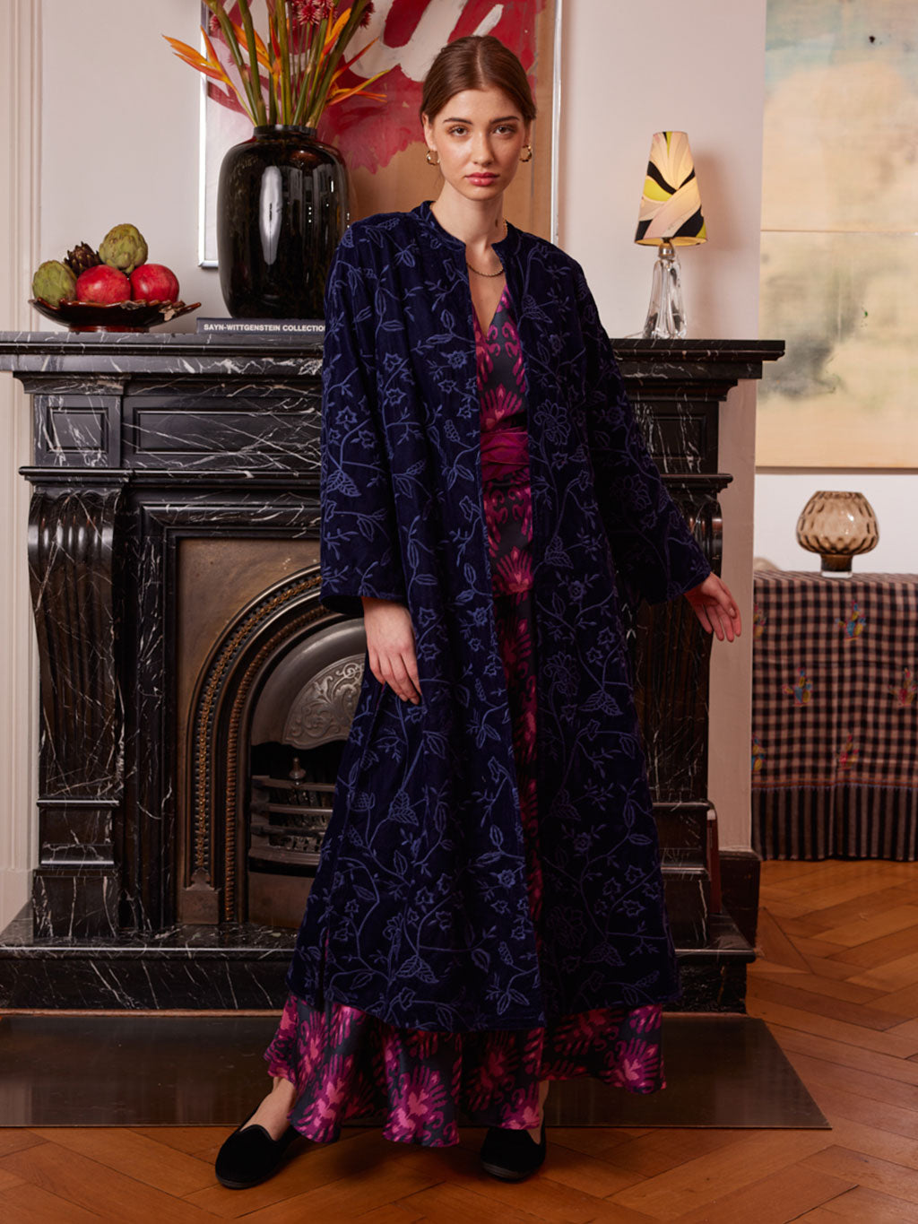 Chili Pepper Coat Navy Flower Embroidery