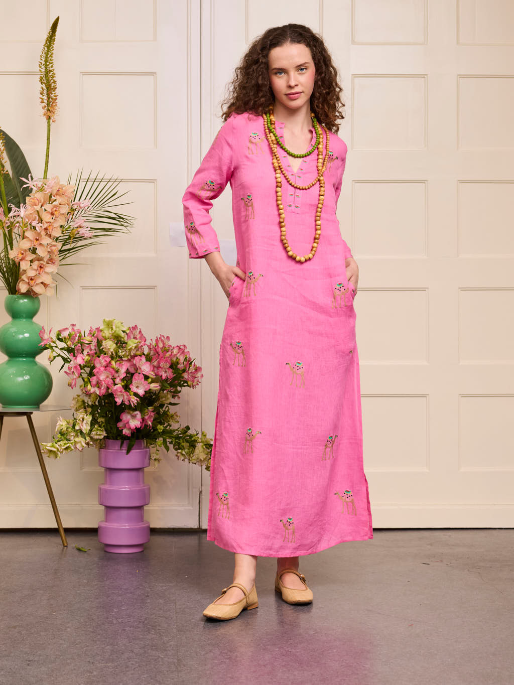 Sapphire Kaftan Long Camel on Pink