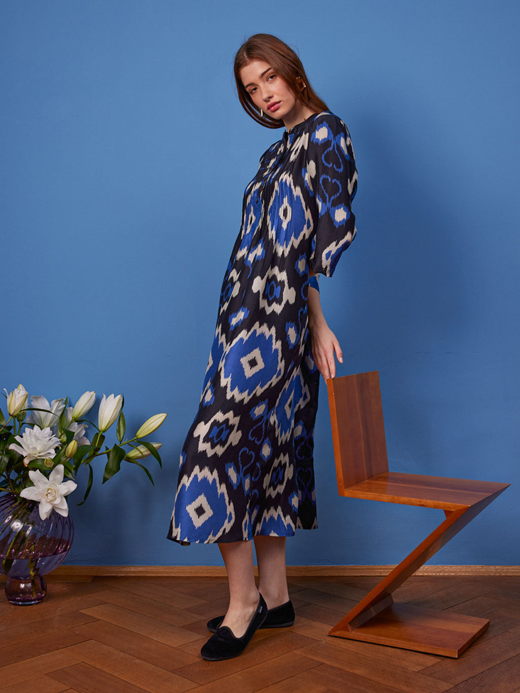 Woodruff Dress Ikat Black Royal Blue