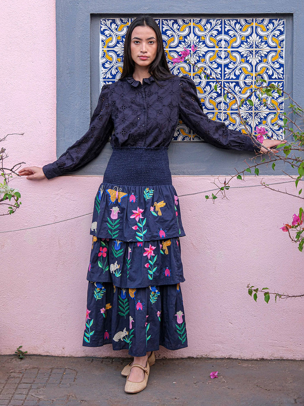 Spearmint Skirt Mexican Embroidery on Navy