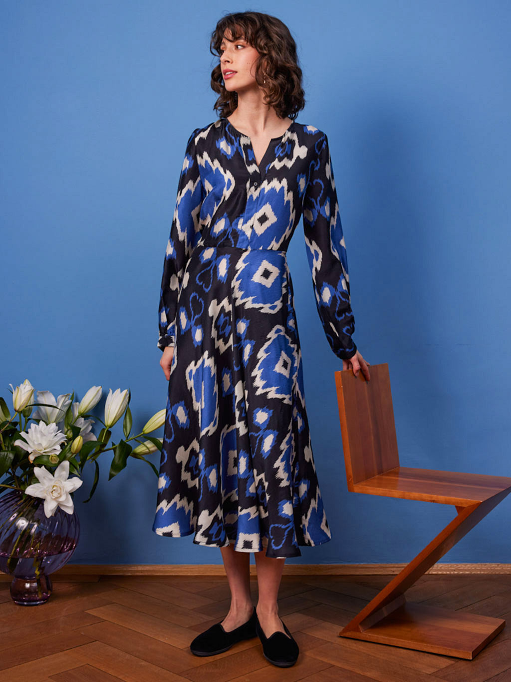 Azurite Dress Ikat Black Royal Blue