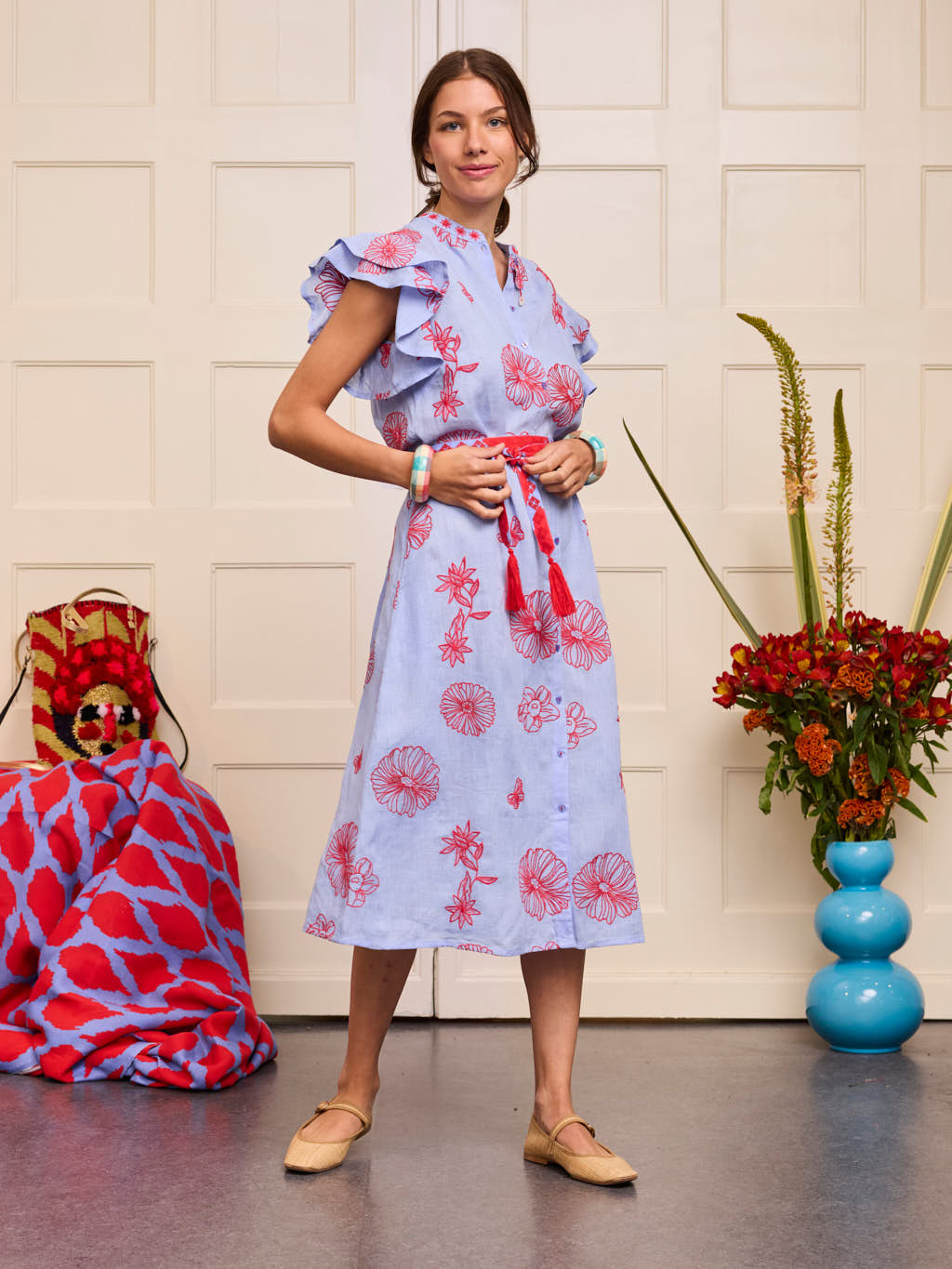 Cypress Dress Red Flowers on Pastel Blue