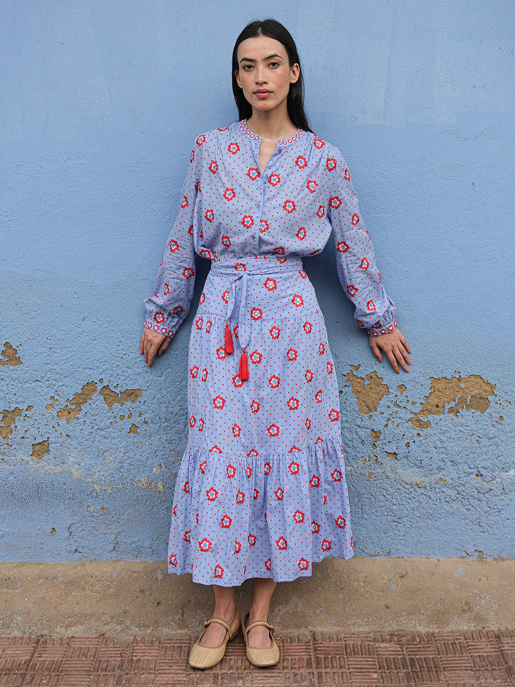 Columbia Blouse Red Dots Flower Embroidery