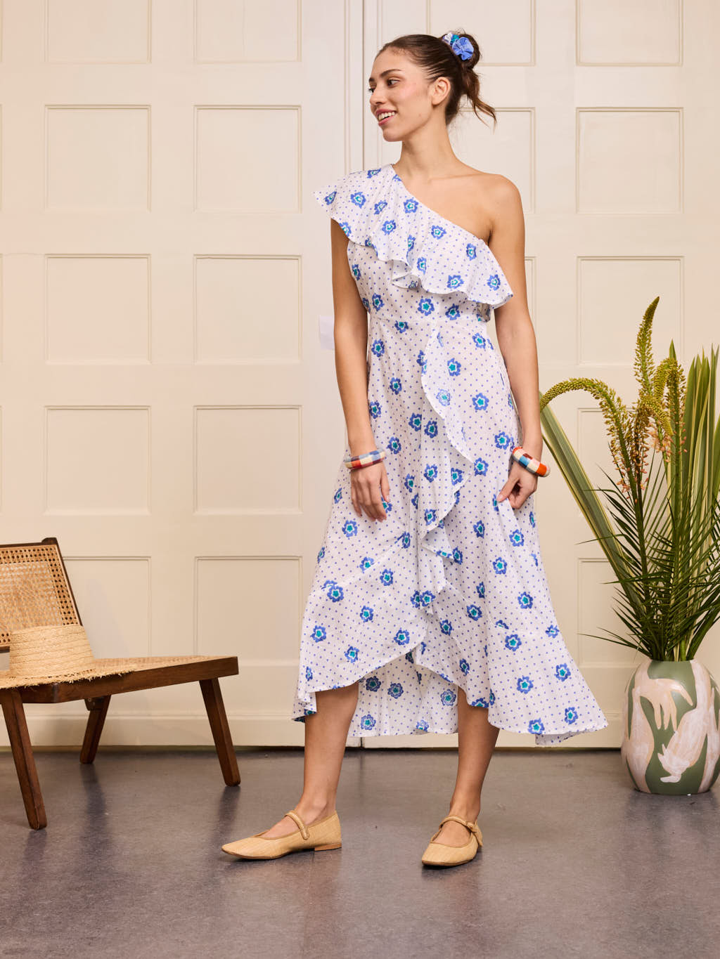 Plumeria Dress White Blue Dots Flowers