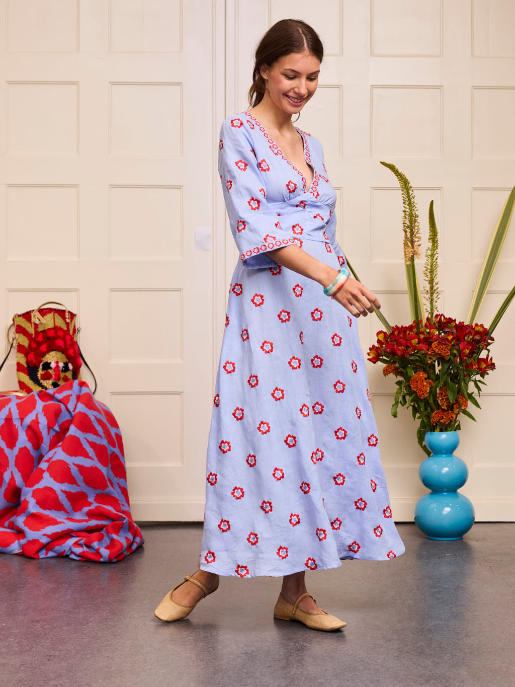 Sarsaparilla Dress Red Flowers on Pastel Blue