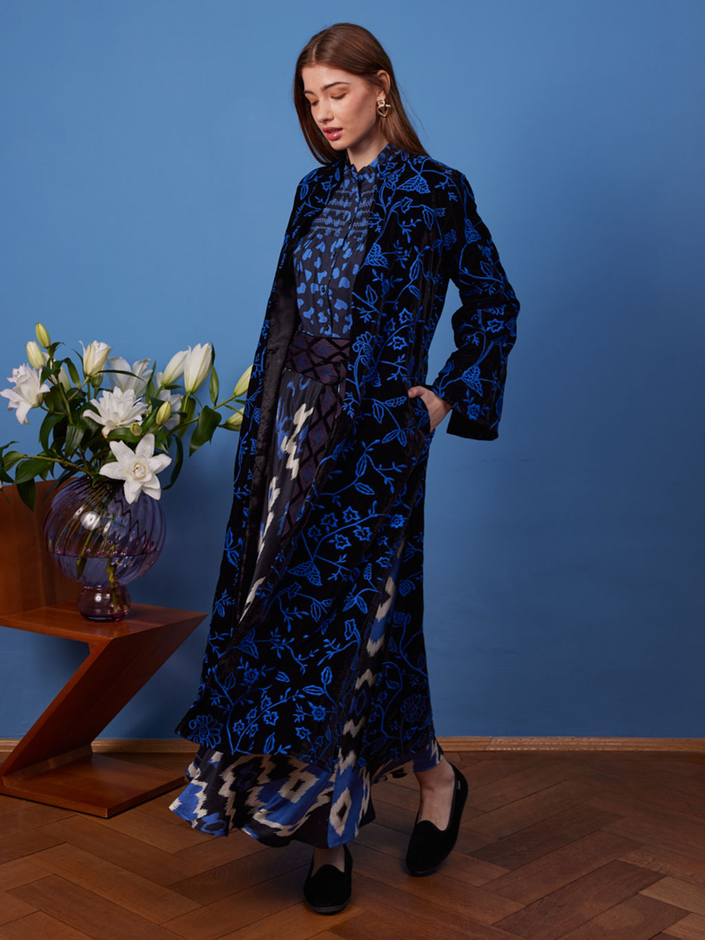 Chili Pepper Coat Black Flower Embr. Royal Blue