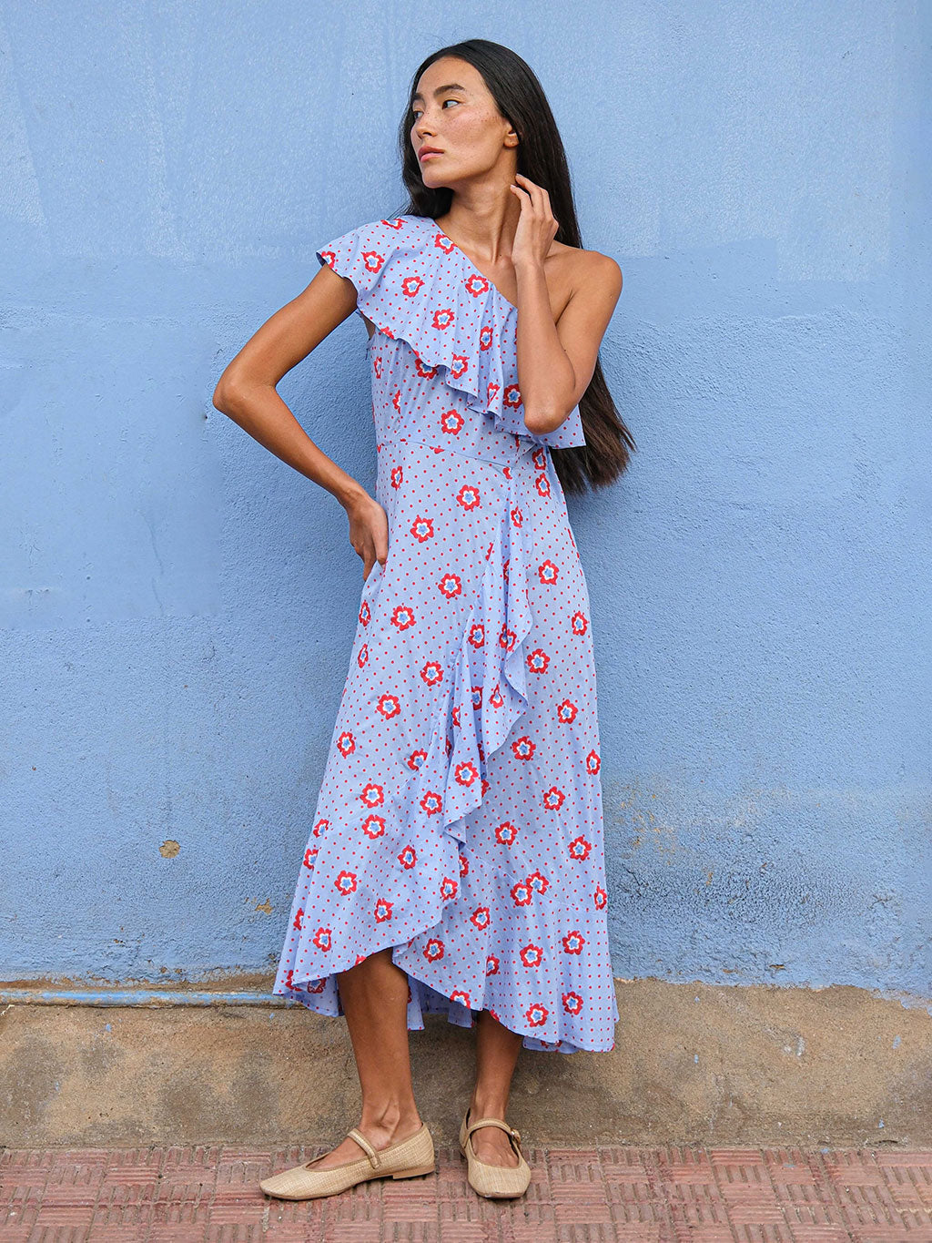 Plumeria Dress Red Dots Flower Embroidery on Blue