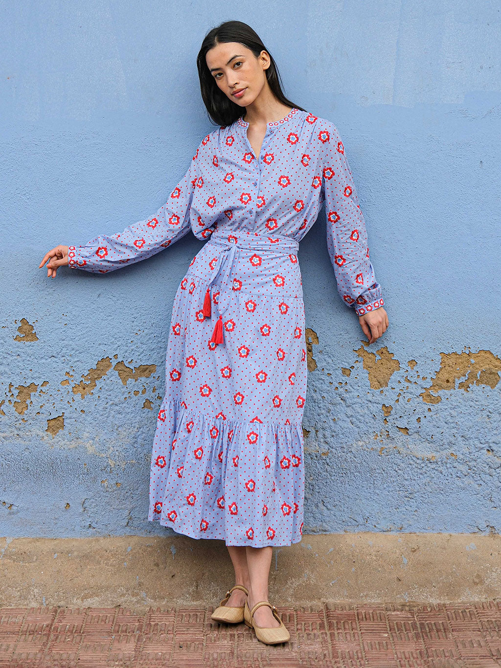 Tonka Skirt Red Dots Flower embroidery on Blue