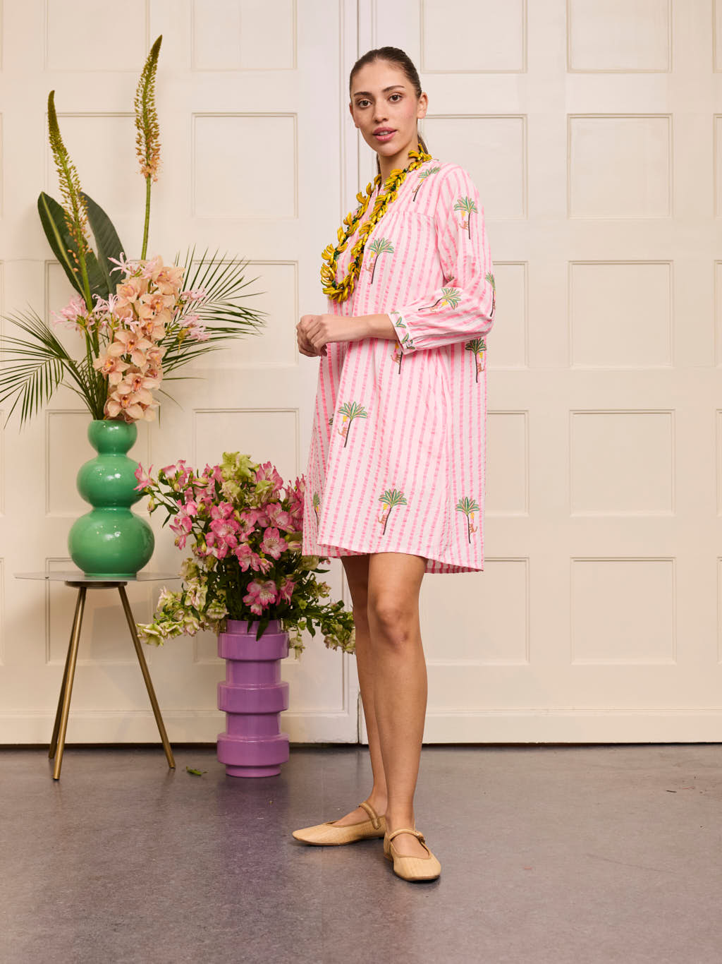 Lily Dress Palm on Pink Stripes