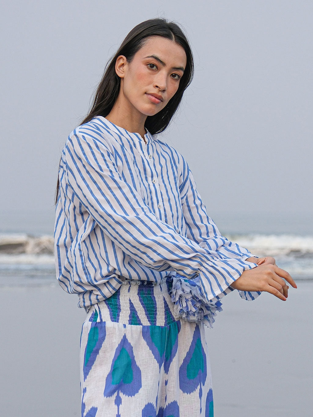 Broom Blouse Blue Stripes on White