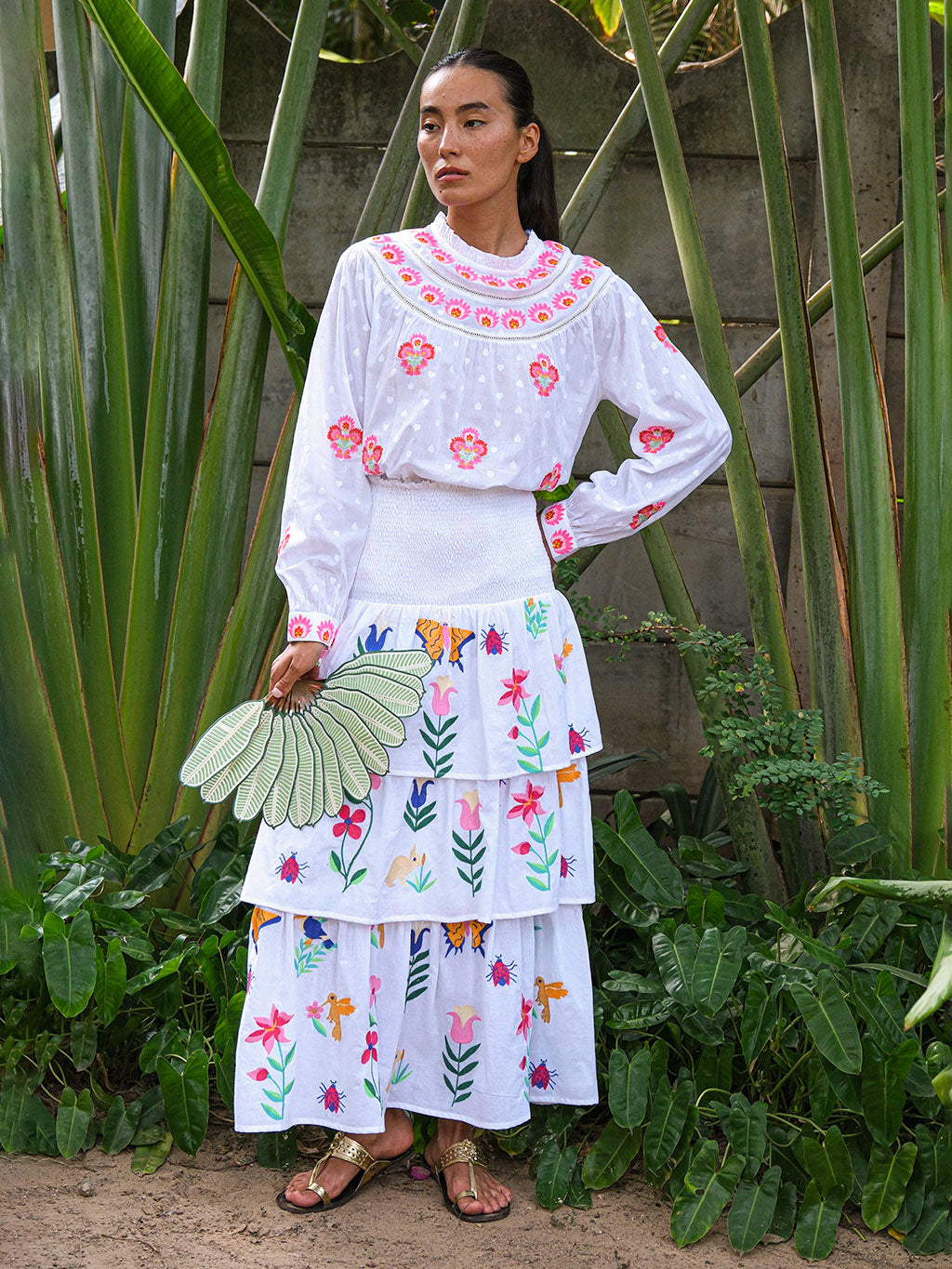 Spearmint Skirt Mexican Embroidery on White