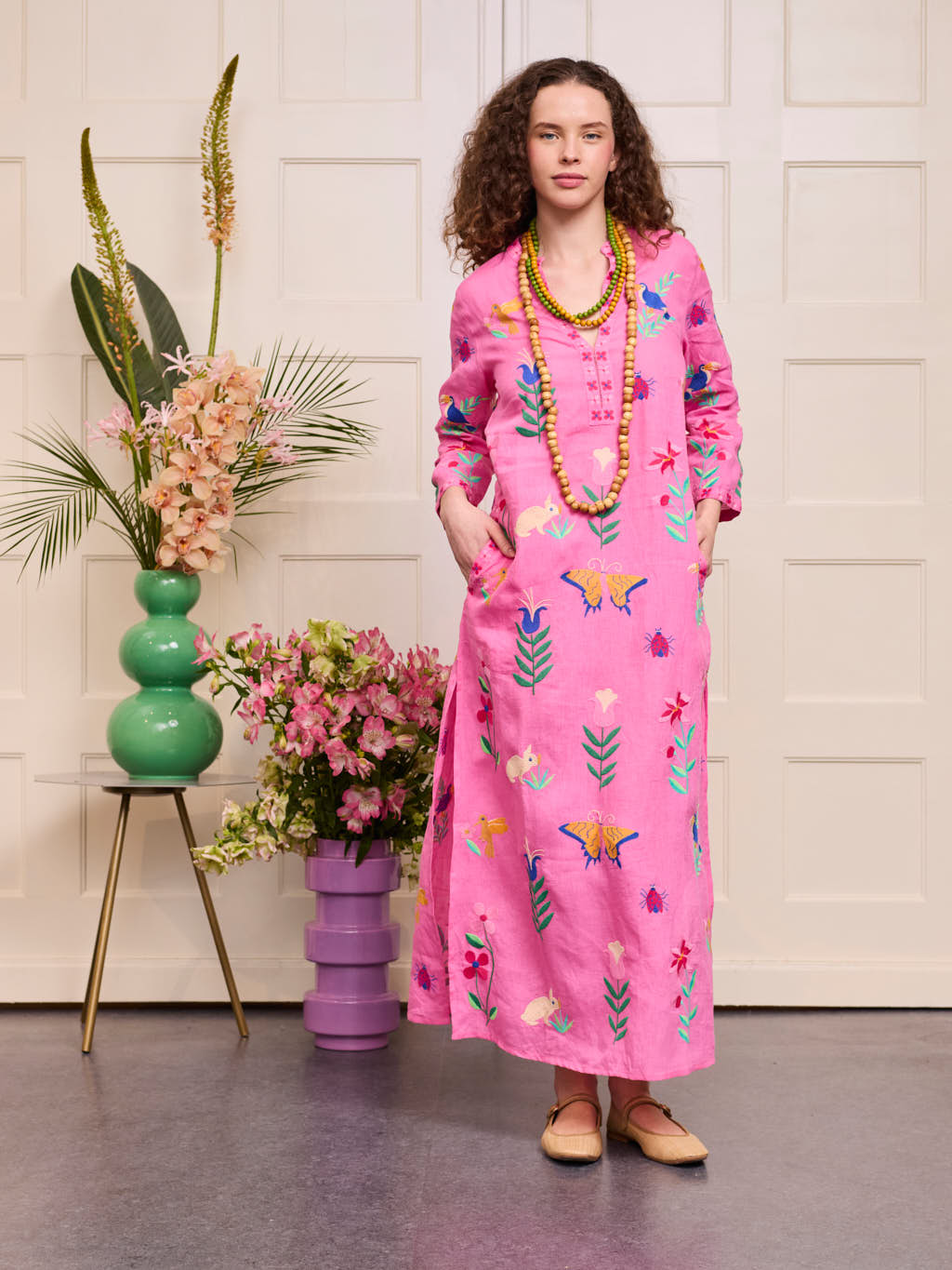 Sapphire Kaftan Long Mexican Embroidery on Pink