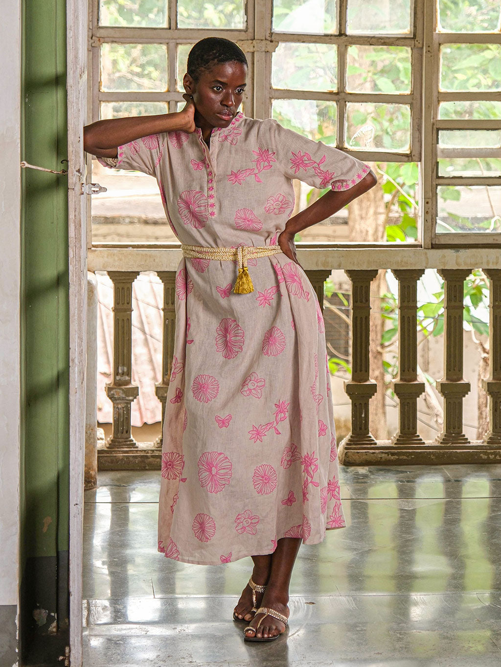 Cassia Dress Pink Flowers on Beige