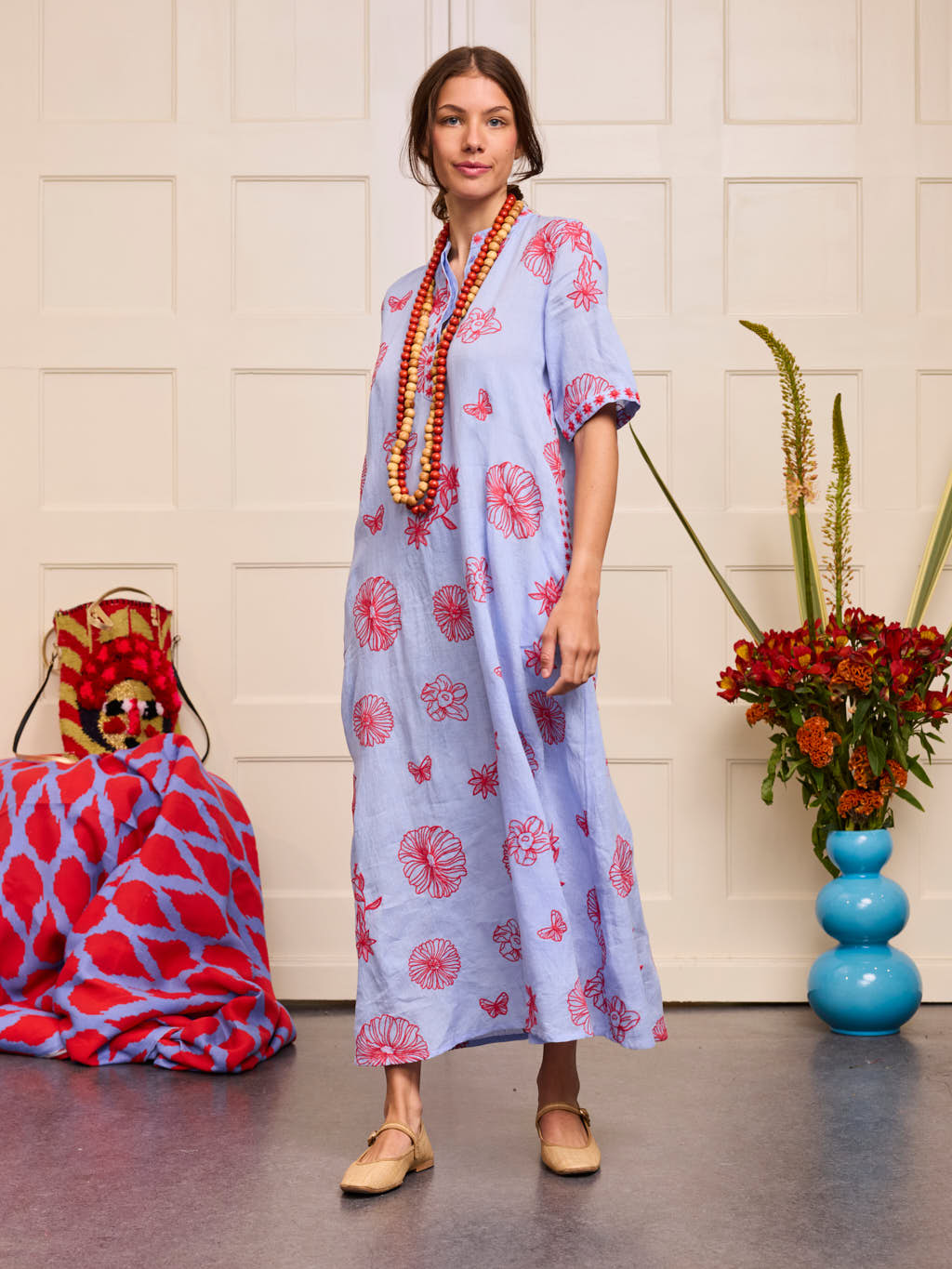 Cassia Dress Red Flowers on Pastel Blue