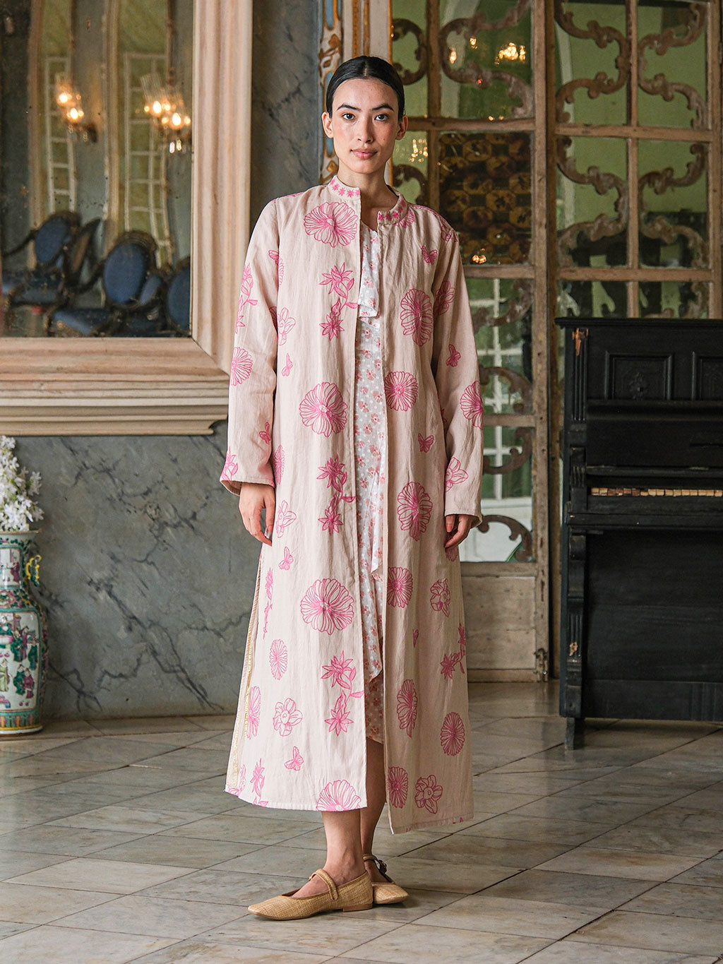 Chili Pepper Coat Pink Flowers on Beige