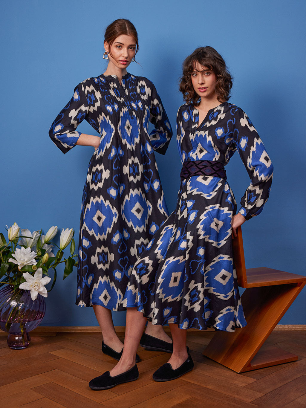 Woodruff Dress Ikat Black Royal Blue