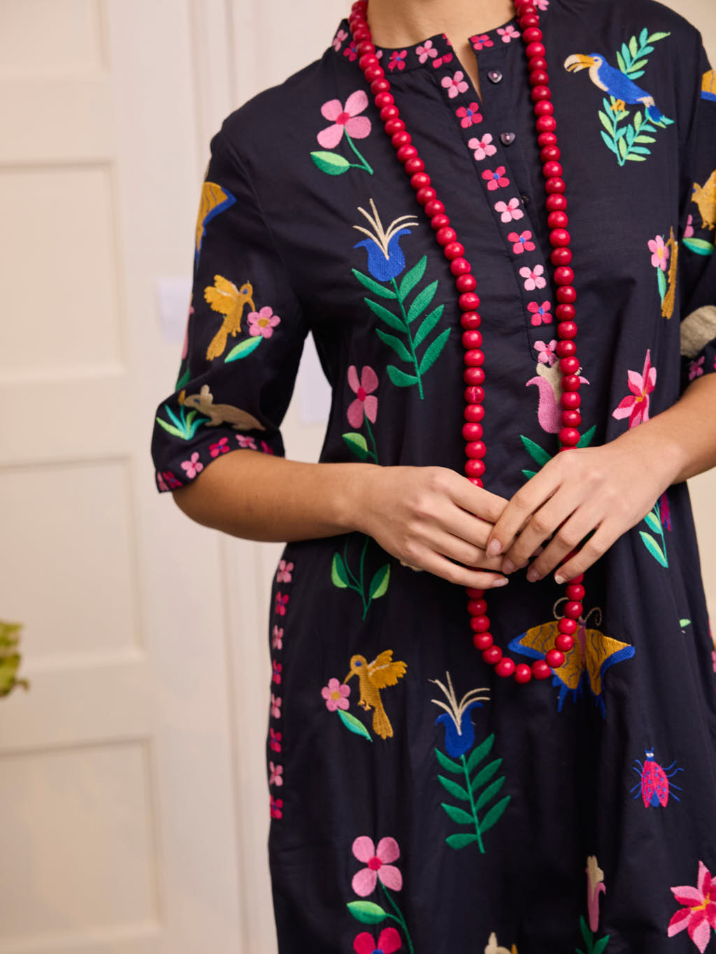 Cassia Dress Mexican Embroidery on Navy