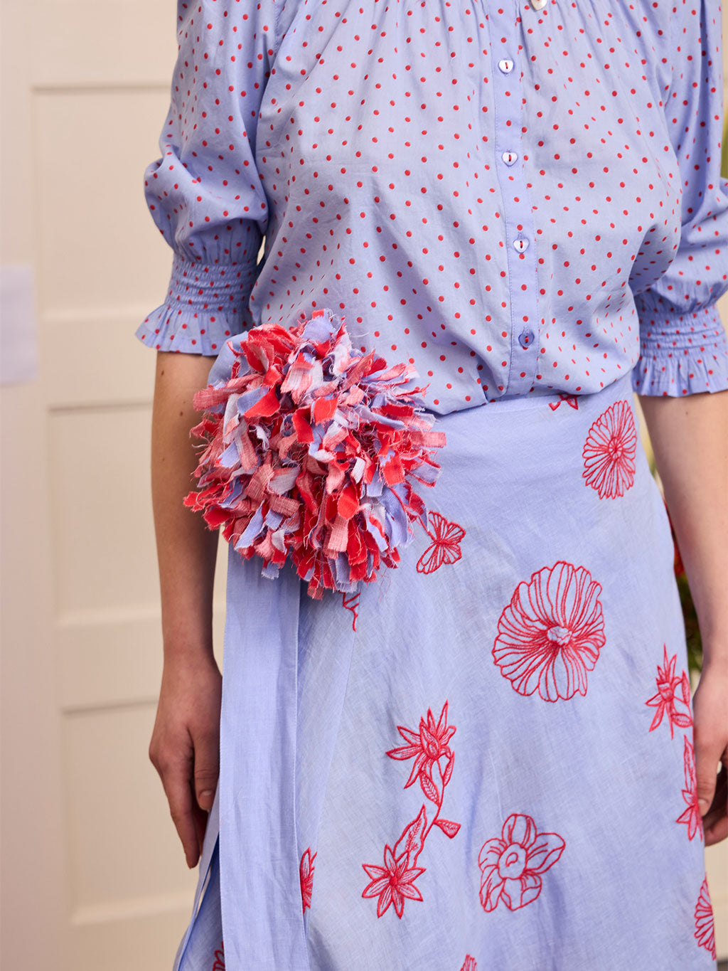 Chervil Skirt Red Flowers on Pastel Blue