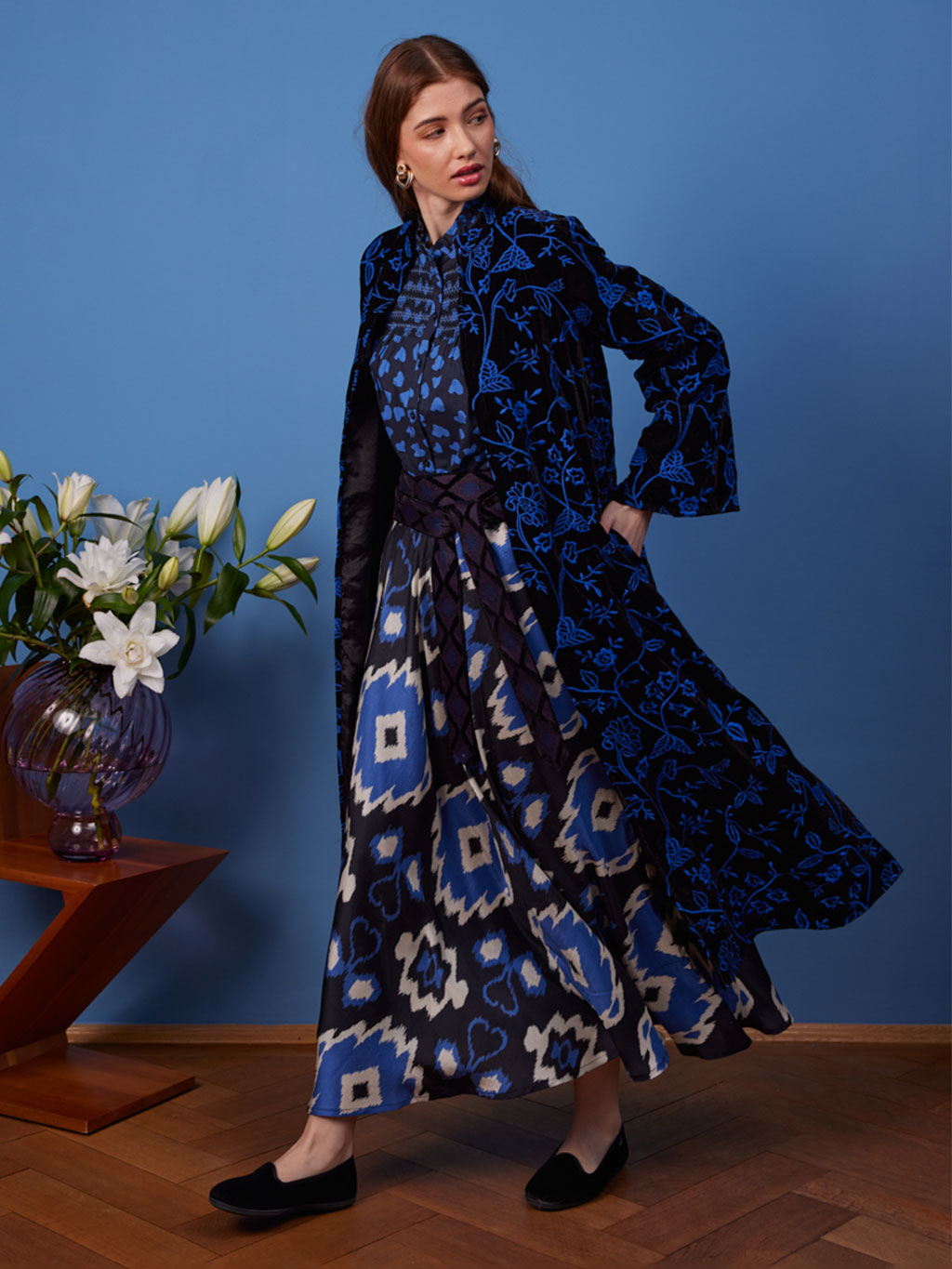 Chili Pepper Coat Black Flower Embr. Royal Blue