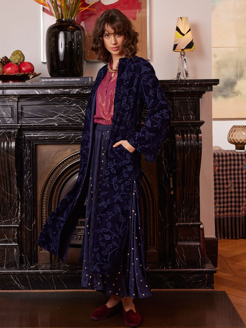 Chili Pepper Coat Navy Flower Embroidery