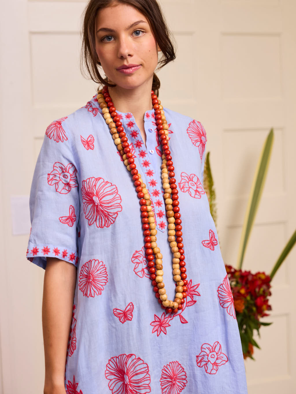 Cassia Dress Red Flowers on Pastel Blue