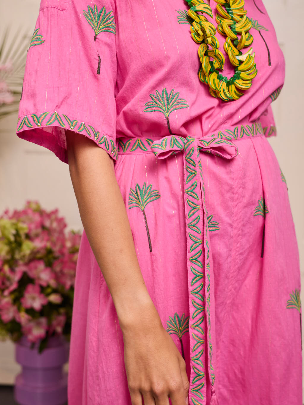 Oleander Dress Long Palm on Pink Lurex Stripe