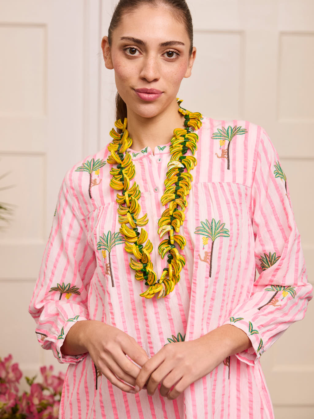 Lily Dress Palm on Pink Stripes